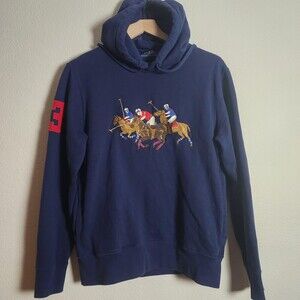 Polo Ralph Lauren Hoodie Mens Small Blue Pullover Polo Players Graphic 3 Sleeve